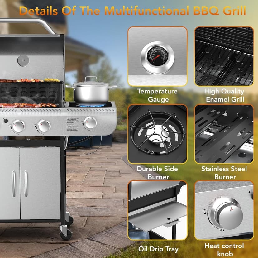 3-Burner Propane Gas Grill with Side Burner,Stainless Steel BBQ Grill with Porcelain-Enameled Cast Iron Grates,37000 BTU Barbecue Grill, Suitable for Patio,Camping,Outdoor Cooking