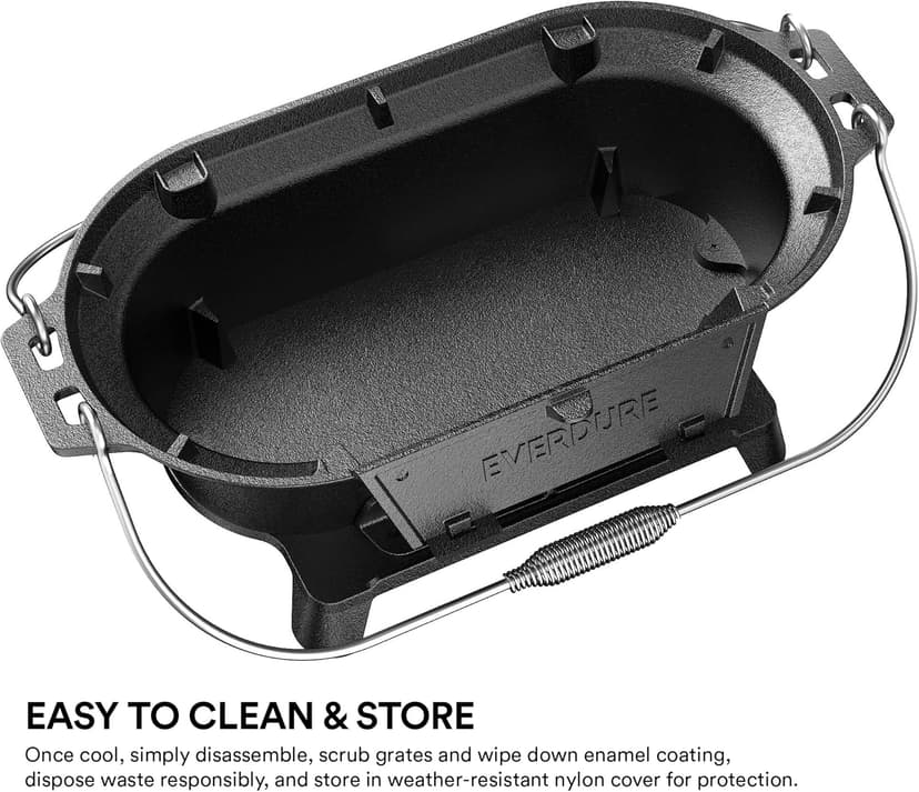 Everdure Oval Cast Iron Grill & Cover – Outdoor, Portable Charcoal Grill and Tabletop Cast Iron Skillet - 100% Cast Iron, Enameled, Durable, Small Charcoal Grill, Camping Stove, Hibachi Grill