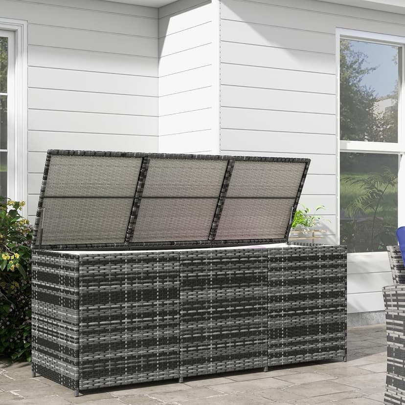 Outsunny 175 Gallon Outdoor Storage Box with Inner Liner, PE Rattan Wicker Deck Box with Pneumatic Bar Lift for Indoor & Outdoor, Patio Furniture Cushions, Pool Supplies, Garden Tools, Mixed Gray