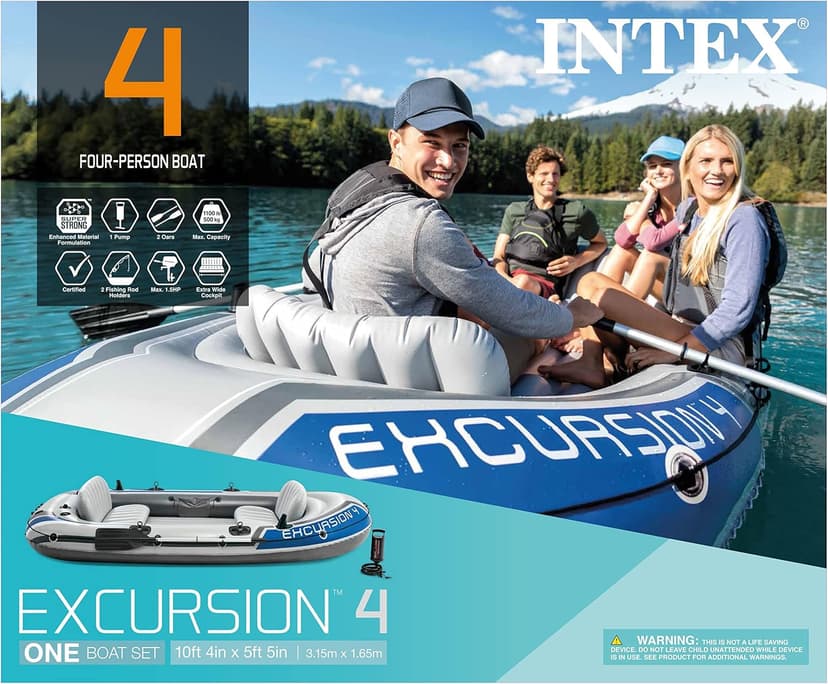 INTEX Excursion Inflatable Boat Series: Includes Deluxe 54in Boat Oars and High-Output Pump – SuperTough PVC – Adjustable Seats with Backrest – Fishing Rod Holders – Welded Oar Locks