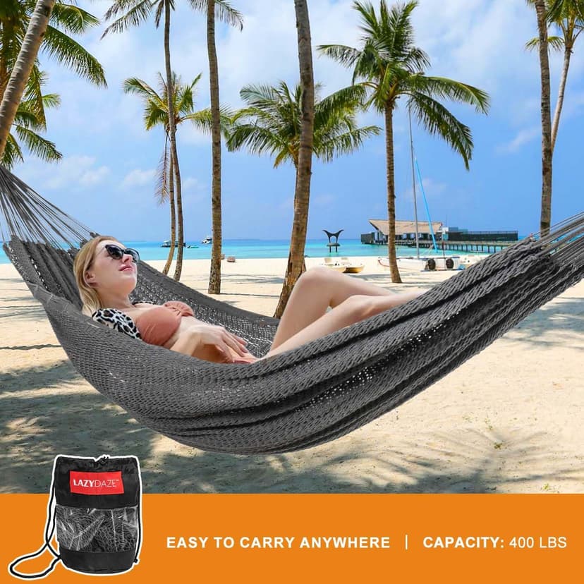 Lazy Daze Hammocks10.5 FT Handwoven Mayan Family Hammock with Portabl Carry Bag and for Outside Outdoor Patio Backyard Poolside, 550 LBS Weight Capacity,Gray
