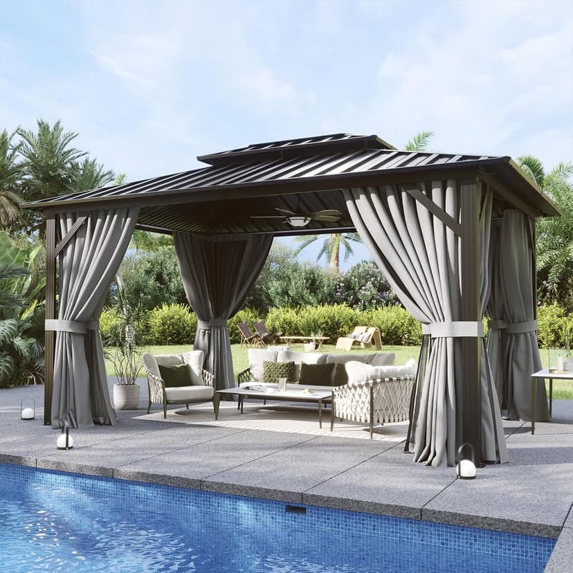 Aoxun 10'x12' Hardtop Gazebo, Aluminum Frame Canopy with Double Galvanized Steel Roof, Outdoor Metal Pavilion with Netting, Curtains for Backyard, Patio and Deck