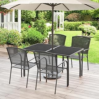 AECOJOY Metal Outdoor Table and Chairs Sets, Patio Dining Table Set for 4, 51" Dining Table with Umbrella Hole Rectangle Table and 4 Stackable Chairs, Patio Furniture Set for Outdoors