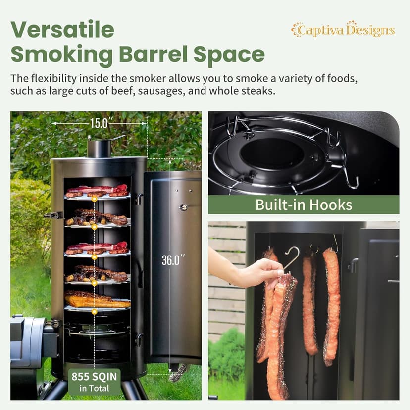 Captiva Designs Charcoal Vertical Smoker Grill and Offset Smoker Grill Combo, Extra Large Outdoor Barrel BBQ Meat Smoker Grill with 5 Removable Smoking Grates & Built-in Hooks for Various Meat Foods