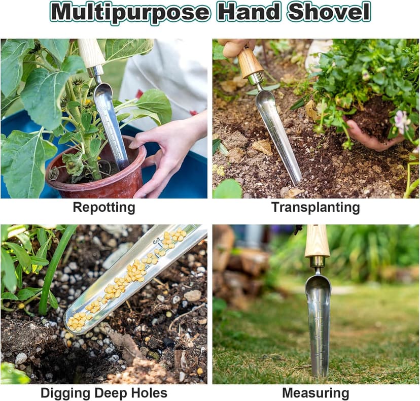 Seeding Widger,Stainless Steel Seed Dibber Tool with Measuring Scale,Wooden Handle Garden Bulb Trowel for Seed Planting Tool Hand Shovel Planter Transplanter Dibber Soil Digginng