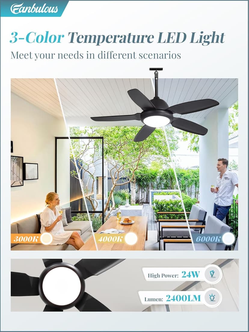 42 Inch Waterproof Outdoor Ceiling Fan with Lights and Remote,IP65 Hanging Gazebo Fan with 3CCT 6-Speed DC Motor,Black Wet Rated Plug in Ceiling Fan with Cord for Patios Porch Pergola