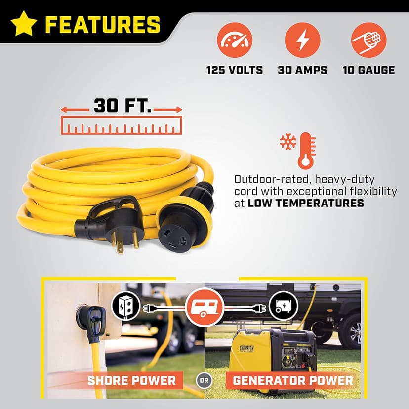 Champion Power Equipment 30-Foot 30-Amp 125-Volt RV Generator Power Cord, (TT-30P to L5-30R)