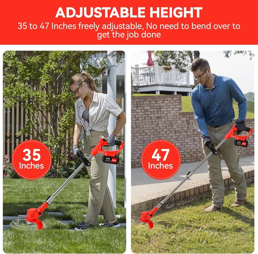 Weed Wacker Cordless,24v Electric Weed Eater Battery Powered,3 in 1 Lightweight Grass Trimmer with 2 4.0 Ah Batteries & Charger,Height Adjustable Wheeled Brush Cutte for Lawn Care,Garden,Yard (red)