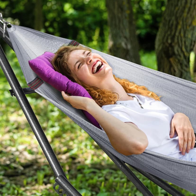 Tranquillo Double Hammock with Stand Included for 2 Persons/Foldable Hammock Stand 600 lbs Capacity Portable Case - Inhouse, Outdoor, Camping, Grey