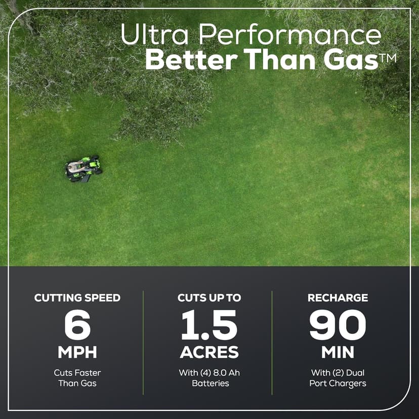 Greenworks 60V 42” Cordless Electric CrossoverT Riding Mower, (4) 8.0Ah Batteries and (2) Dual Port Turbo Chargers