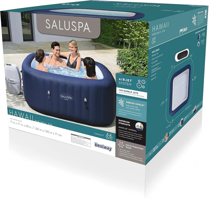Bestway SaluSpa Hawaii AirJet 2 to 6 Person Square Inflatable Hot Tub Portable Outdoor Spa with 140 Soothing AirJetsr, Blue