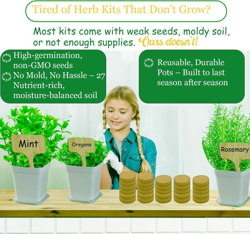 Indoor Herb Garden Kit, 9 Non-GMO Seeds with Reusable Pots, Planter – DIY Grow Kits for Growing Herbs Indoors, Kitchen, Balcony, Window Sill with 27 Soil