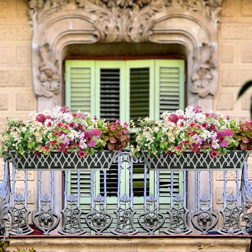 2 Pack 24 Inch Window Boxes Planters Railing Planter Box with Adjustable Brackets & Non-Woven Fabric Plant Grow Bags Deck Railing Planter Boxes Balcony Hanging Flower Box for Outdoor Plants
