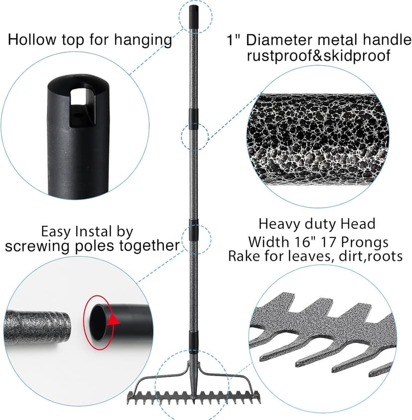Thatch Rakes for Lawns, Heavy Duty Metal Garden Rake with 17 Prongs, Adjustable Yard Rock Rake for Gardening Loosening Soil, Long Handle 60 Inches