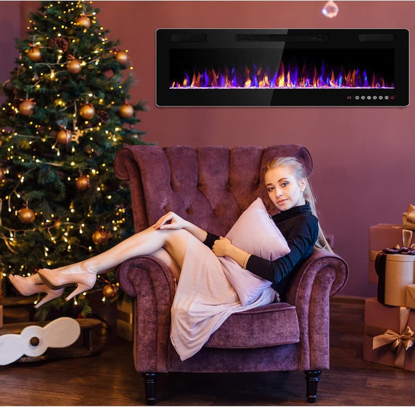 60 inches Electric Fireplace Recessed and Wall Mounted, Fireplace Heater and Linear Fireplace, with Timer, Remote Control, Adjustable Flame Color, 750w/1500w, Black