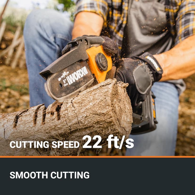 Worx 20V 5" Mini Cordless Chainsaw, 3.9 lbs, 22 ft/s Chain Speed, Power Share Battery, Upper & Hand Guard WG324 - Battery & Charger Included
