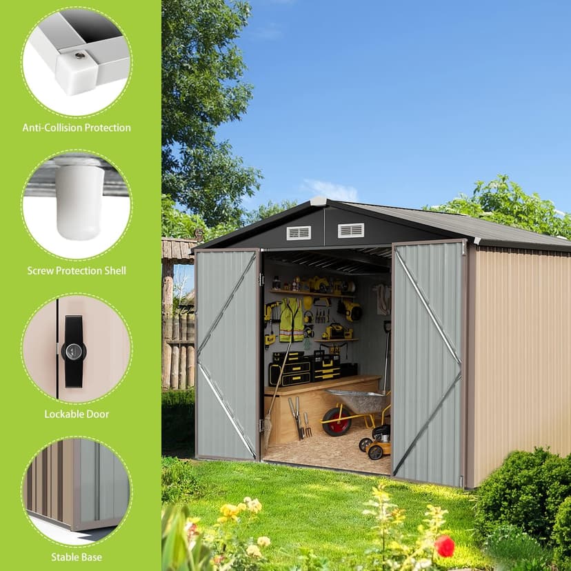 Aoxun 8’ x 6’ Outdoor Metal Storage Shed, Steel Utility Tool Shed Storage with Lockable Doors, Metal Sheds Outdoor Storage for Backyard, Garden, Lawn and Patio, Brown