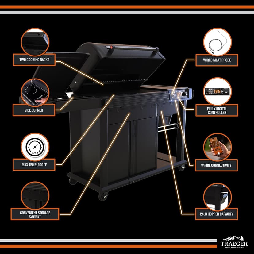 Traeger Woodridge Elite Electric Wood Pellet Grill and Smoker, 970 Sq. In., Side Sear Station, WiFIRE Technology, Super Smoke Mode, Outdoor Pellet Smoker Grill with Insulated Body, TFC97XLH