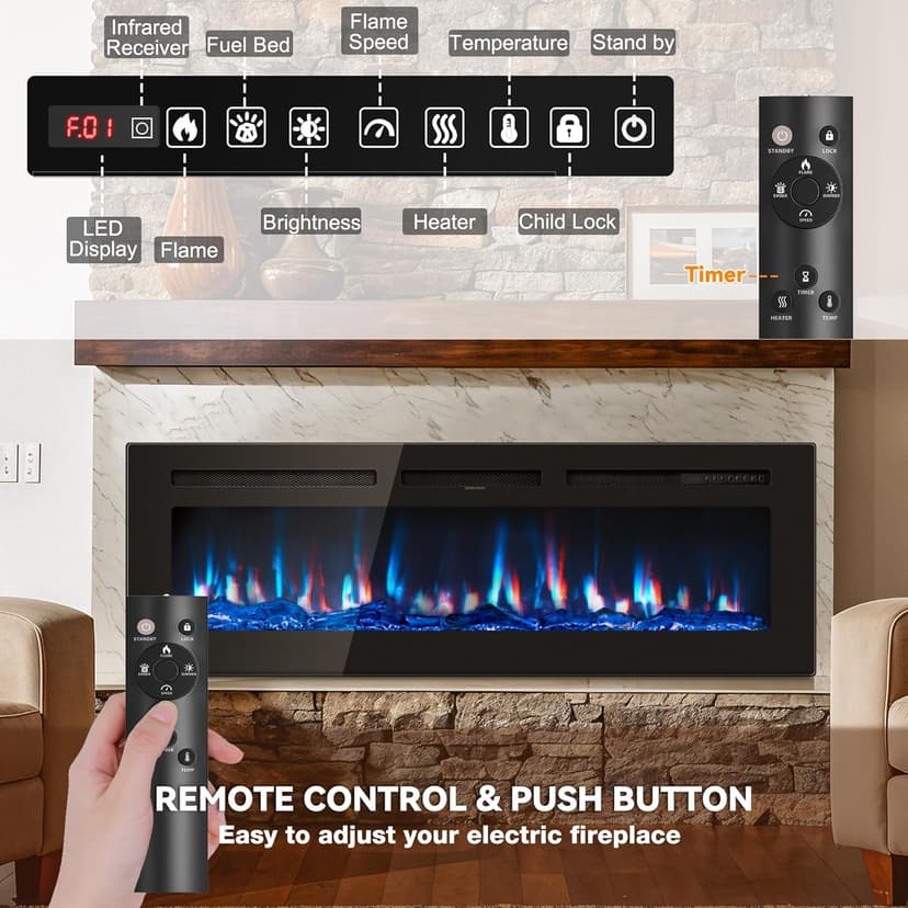 50 inch Electric Fireplace in-Wall Recessed and Wall Mounted with Remote Control, 1500/750W Fireplace Heater (60-99°F Thermostat) with 12 Adjustable Color, Timer, Log and Crystal