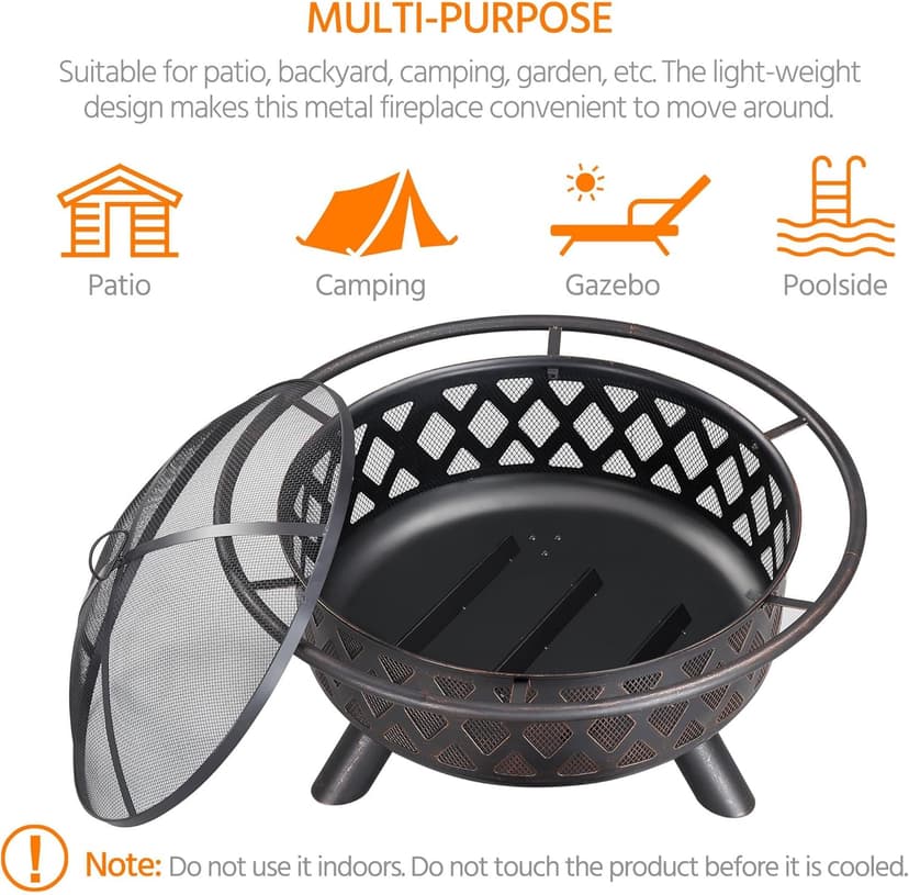 Yaheetech Fire Pit 36in Outdoor Wood Burning Fire Pits Wood Large Fire Bowl for Outside BBQ Bonfire Patio with Mesh Spark Screen, Poker and Rain Cover