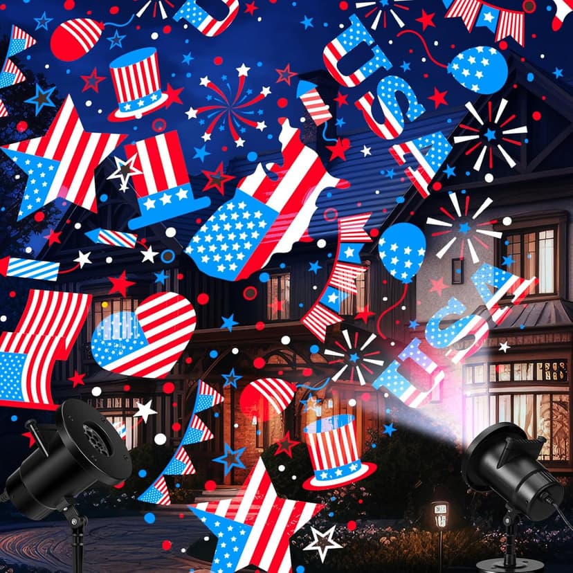 Independence Day Projector Lights Outdoor Patriotic USA LED Projector Flag on Dynamic Waterproof Outdoor Indoor July 4th Projection Patterns Spotlight for Landscape Garden Yard Patio Party