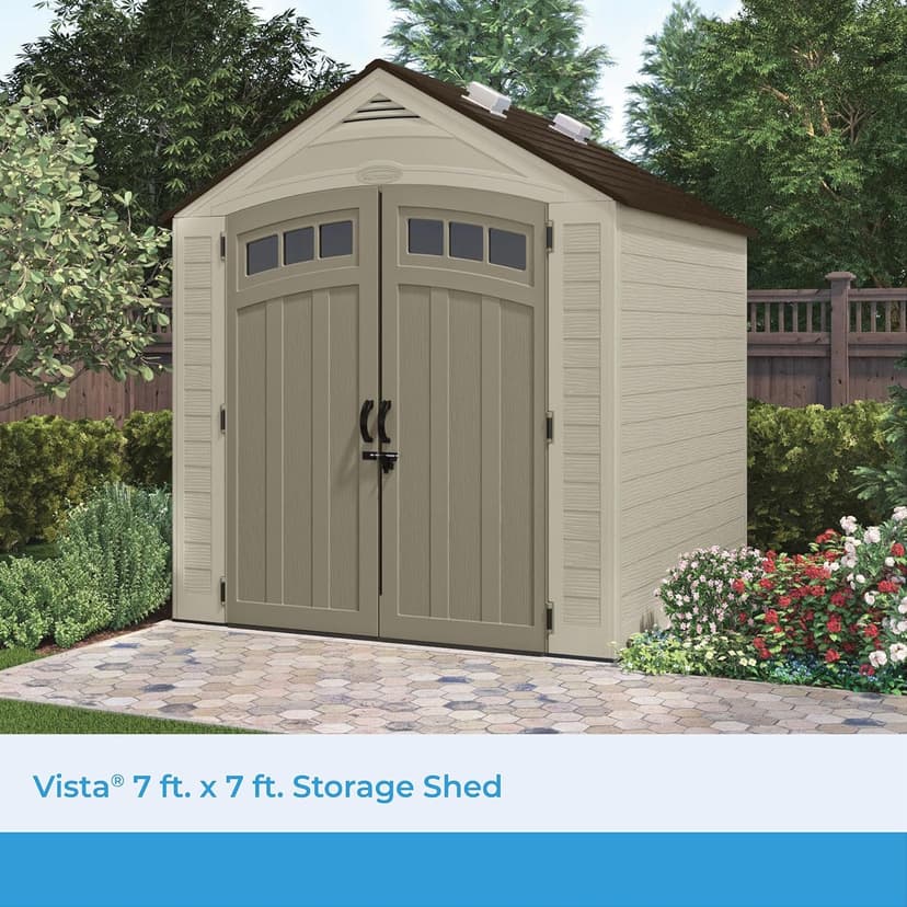 Suncast Vista 7x7 Storage Shed with Multi-Wall Resin Panels, 4 Skylights, IllumiVent System, and Pad-Lockable Doors, 84" D x 84" W x 98" H, Made in The USA