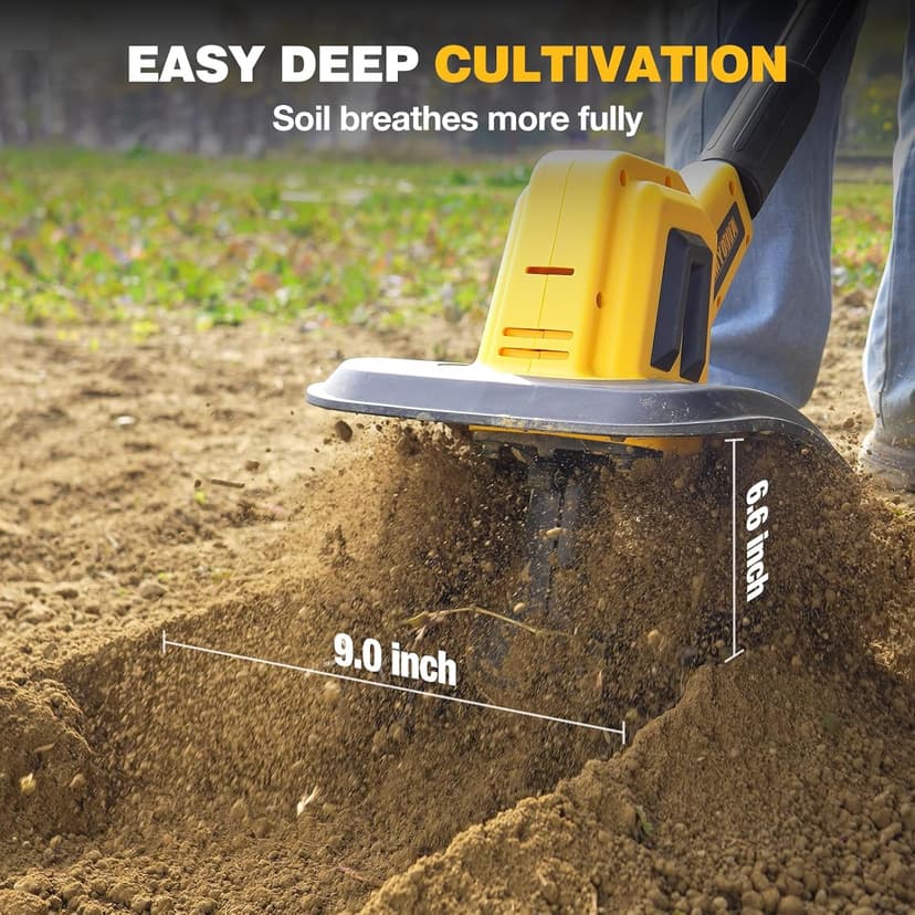 Alloyman 20V Cordless Tiller Cultivator, 360RPM Electric Garden Tiller, with 2 * 2.0Ah Batteries & Charger, 9In Tilling Width and 6.6In Depth Garden Rototiller for Lawn/Gardening/Soil Cultivation