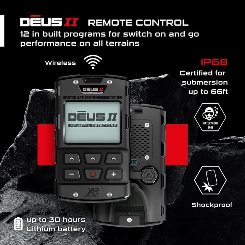 XP Deus II RC Metal Detector - 22 FMF Coil (9") - for Treasure and relic Detection - for All Terrain, XP Deus II Remote Control, S-Telescopic stem (DEUS2-22FMFRCEA)