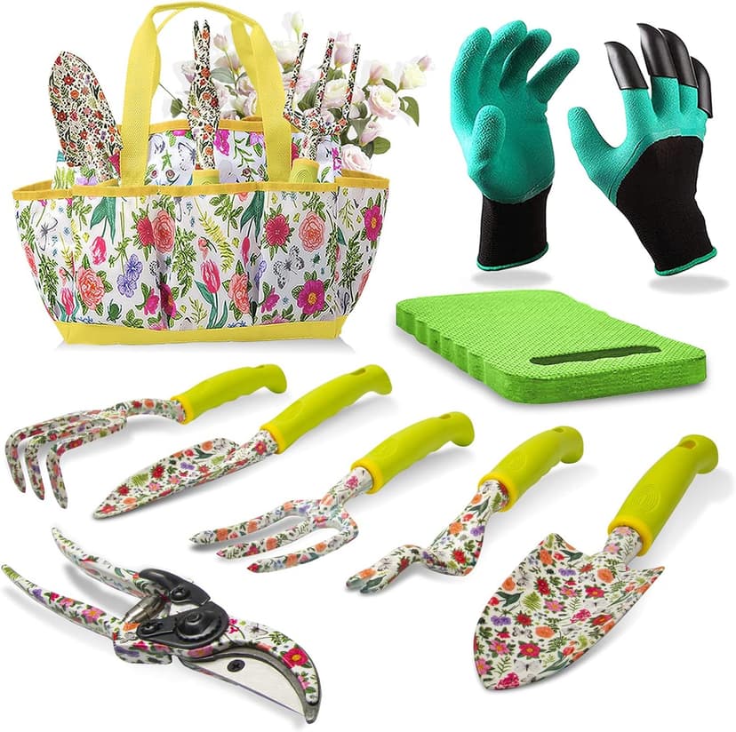 Garden Tool Set 9 Piece Heavy Duty Aluminum Gardening Hand Tools Kit Cute Gardening Supplies with Non-Slip Rubber Grip Gift for Women/Parent