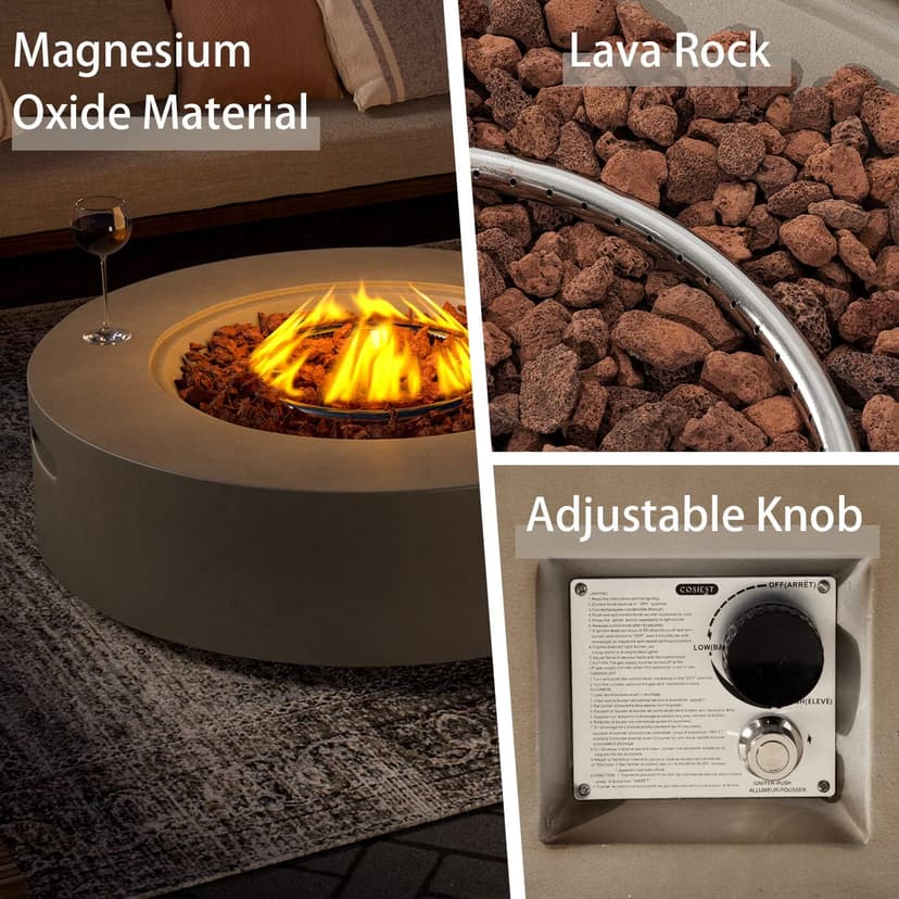 SUNBURY Outdoor 40" Propane Fire Pit Table, CSA Certified,50000 BTU Gray Patio Fire Table, Concrete Round Gas Fire Table w Lava Rocks (Tank Outside)