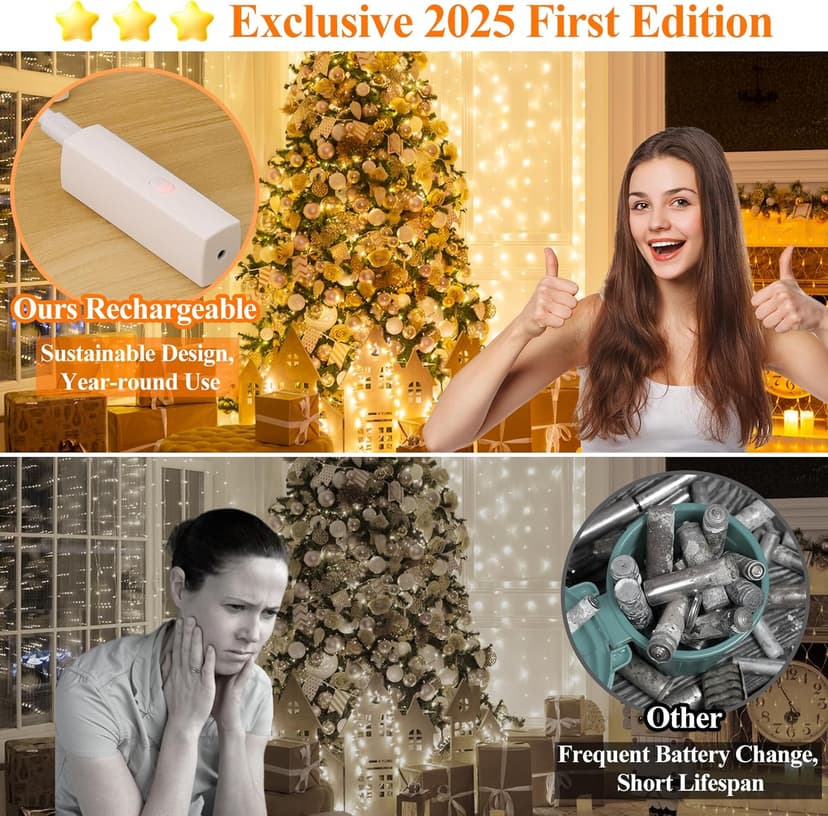 Lipstick Rechargeable Fairy Lights, 1 Pack Twinkle Lights Battery Operated, Mini Indoor LED String Lights with Timer for Vine, Bedroom, Christmas, Parties, Wedding, Decoration (10M/33FT Warm White)