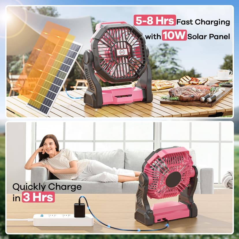 10400mAh Solar Fan with LED Lantern, 10W Solar Panel Rechargeable Battery Powered Camping Fan for Outside, 9 Inch Portable Battery Operated Power Bank for Picnic, Barbecue, Fishing, Travel