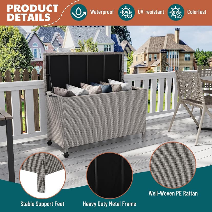 120 Gallon Outdoor Storage Box, Waterproof PE Rattan Deck Box With Wheels, Large Storage Bench for Patio Cushions, Tools, Pool Supplies, Grey