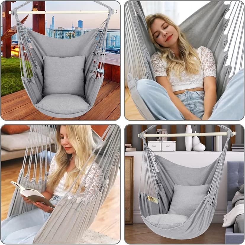 Y- Stop Hammock Chair Hanging Rope Swing Chair, Max 500 Lbs, 2 Seat Cushions Included, Removable Steel Spreader Bar with Anti-Slip Rings, Hardware kit-for Indoor or Outdoor(Light Grey)