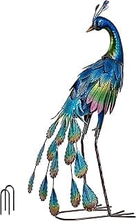 TERESA'S Collections Outdoor Decor Peacock Yard Art Garden Sculptures & Statues,Blue Small Metal Bird Lawn Ornaments,22.4" Outside Mardi Gras Decorations for Porch,Patio,Pond Decor,Gifts for Mom