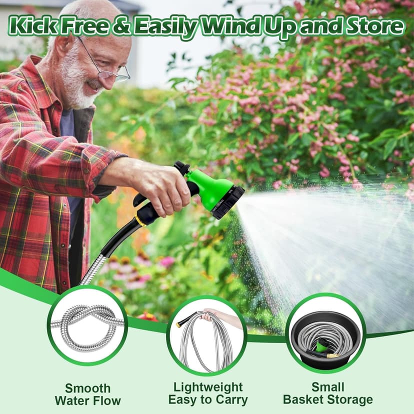 Garden Hose 100 ft - Stainless Steel Water Hose 100ft with 10 Function Nozzle, No Kinks & No Tangles, Flexible, Lightweight, Puncture & Rust Proof Metal Garden Hose for Yard, RV, Garden, Outdoor