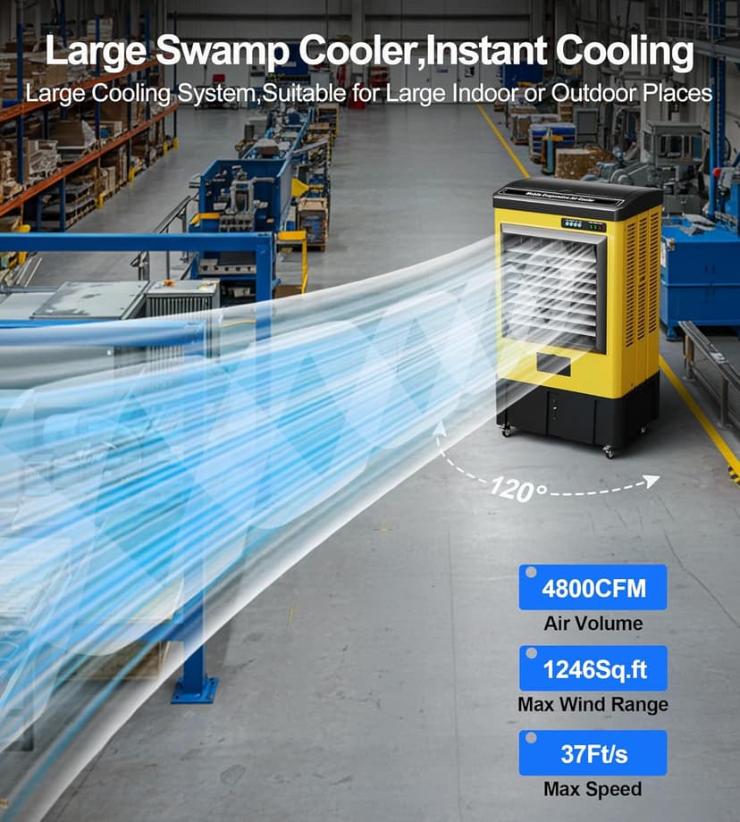 4800CFM Swamp Cooler,42IN Evaporative Air Cooler with Continuous Auto Fill,10.6-Gal Water Tank,3 Ice Packs,Portable Evaporative Cooler for Outdoor Patio Garage Commercial Industrial Use