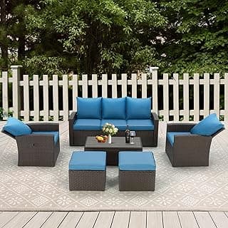 GYUTEI 6 Piece Patio Furniture Set, Outdoor Sectional Conversation Set with Ottoman and Outdoor Storage Table Rattan Recliner Sofa for Garden, Porch, Backyard (Navy Blue)