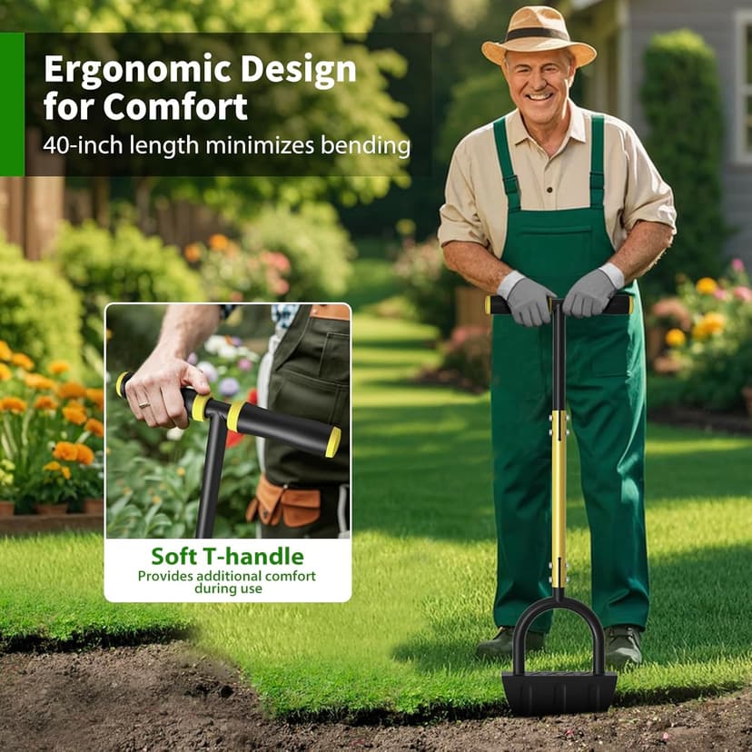 Lawn Edger Tool, Half Moon Tooth Edger with T-Grip Handle, 40-Inch Long Handled Sidewalk Grass Edger for Precise Lawn Edging and Land scaping