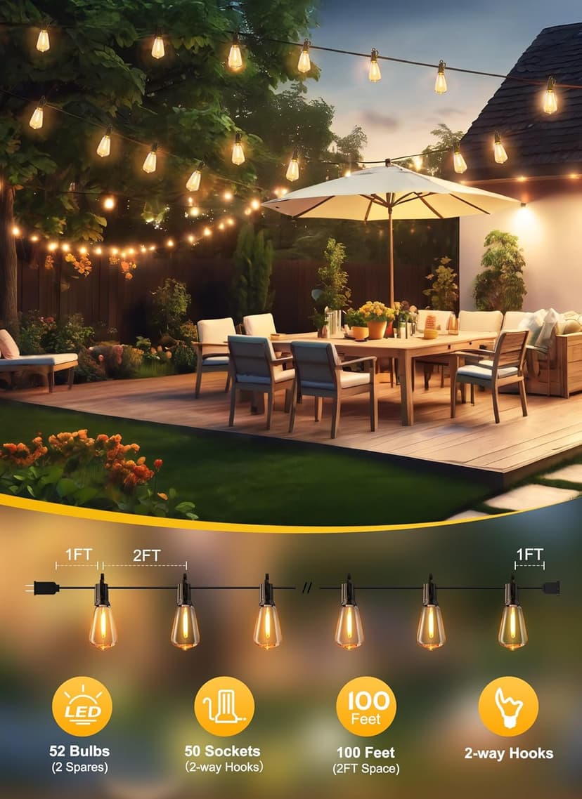 Brightown Outdoor String Lights 100FT Patio Outside Hanging Lights with 52 Shatterproof ST38 Dimmable Vintage Waterproof Edison Bulbs for Backyard Deck Garden Party Xmas Decor, 2700K