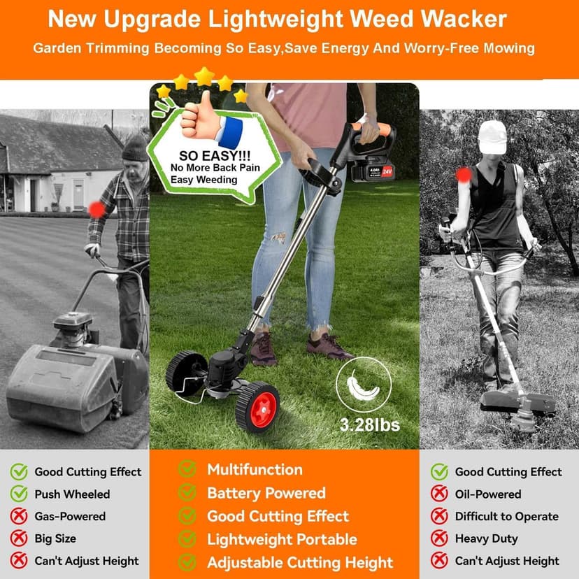 Weed Wacker Cordless,24v Electric Weed Eater Battery Powered,3 in 1 Lightweight Grass Trimmer with 2 4.0 Ah Batteries & Charger, Height Adjustable Wheeled Brush Cutter for Women,Lawn Care,Garden,Yard