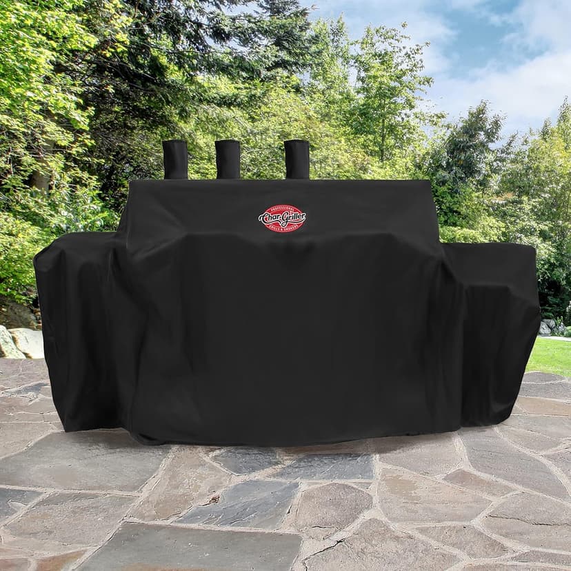 Char-Griller® 3-Burner Dual Fuel Expandable Propane Gas and Charcoal Outdoor Polyester Grill and Smoker Cover in Black, 29in x 65in x 49in, Model 8080
