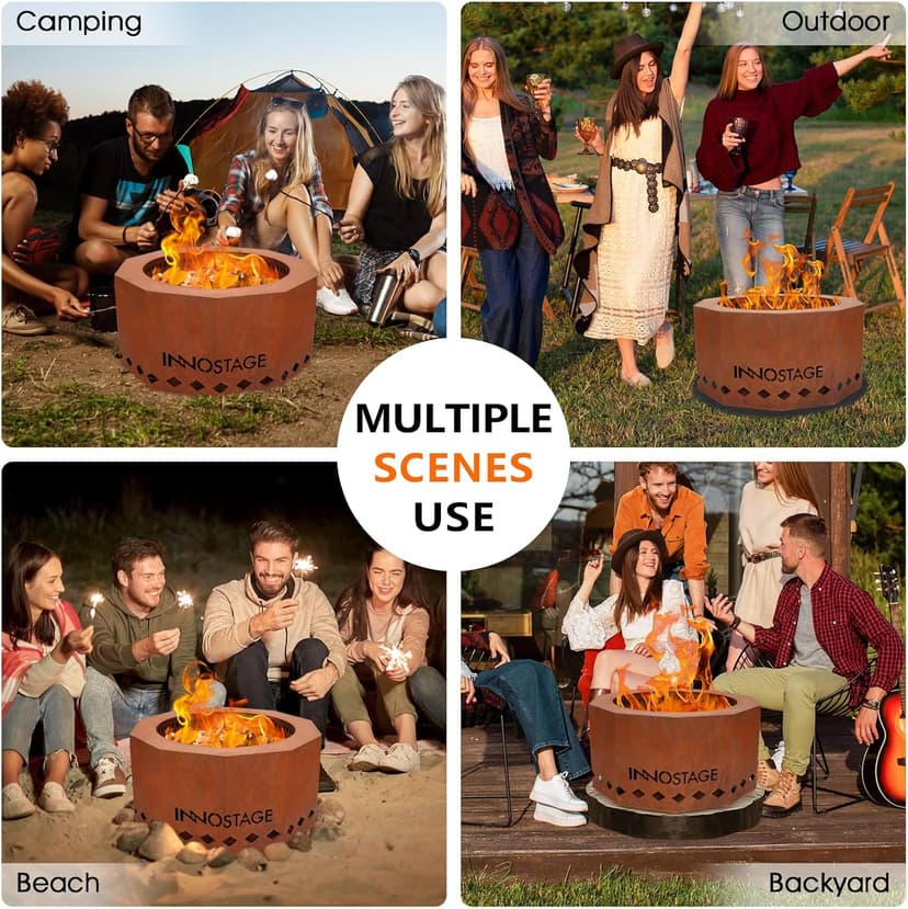 Outdoor Fire Pit - 24" Smokeless Wood Pellet Fire Pits Large for 4-6 People Campfire-Weathering Steel Material
