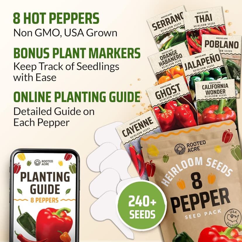 Rooted Acre 8 Varieties Hot Peppers – 240 Heirloom Seeds, 𝗡𝗢𝗡-𝗚𝗠𝗢 𝗨𝗦𝗔-𝗦𝗢𝗨𝗥𝗖𝗘𝗗, High Germination – Includes Ghost, Jalapeño, Serrano, California Wonder & More – Spicy Pepper Garden Mix