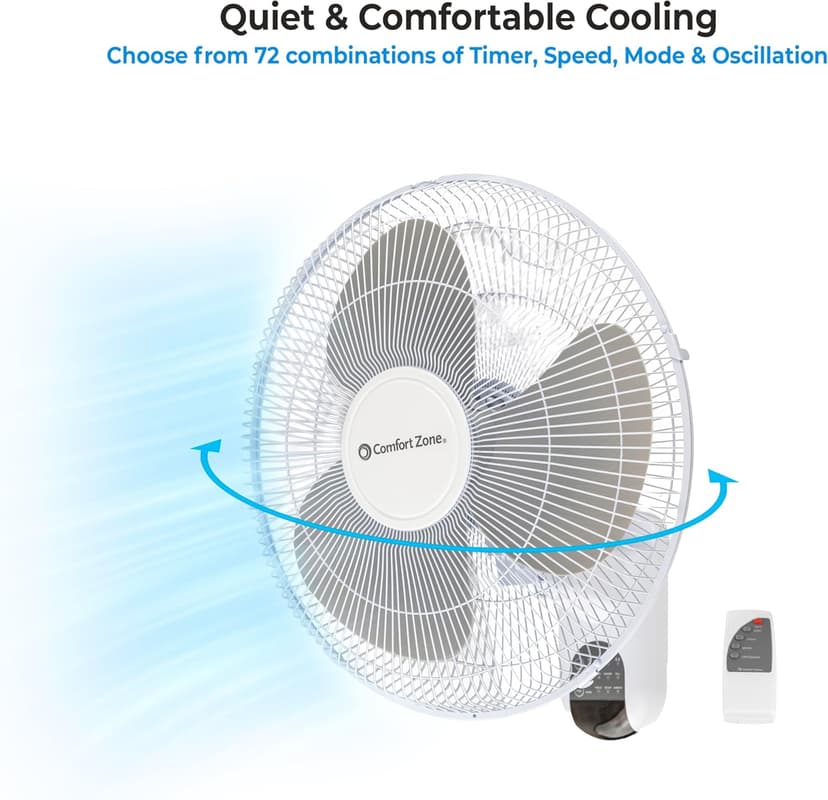 Comfort Zone 16" Quiet 3-Speed Wall Mount Fan with Remote Control, Timer and Adjustable Tilt, Ideal for Home, Bedroom, Gym & Office, CZ16WR