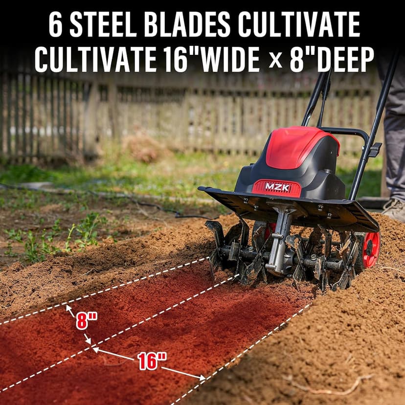 MZK 16-Inch 13.5-Amp Corded Electric Tiller/Cultivator, 8-inch tillling Depth with Adjustable Wheels, Foldable Electric Rototiller for Garden Soil Digging