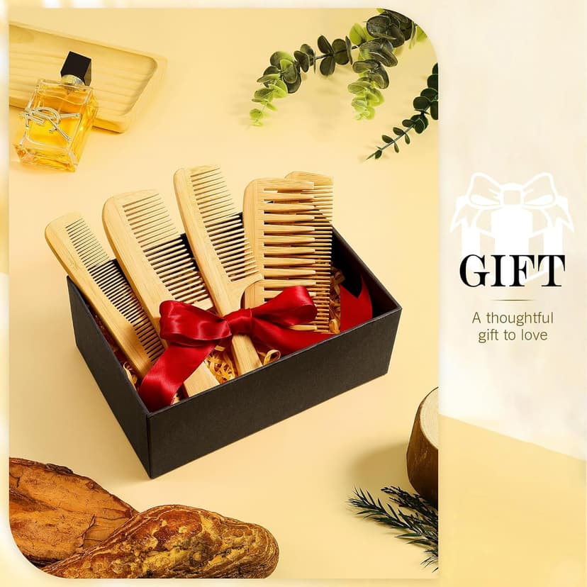 SALONSILK 5PCS Wooden Hair Comb Set, Bamboo Wide Tooth Fine Tooth Combs for Women and Men, Natural Wood Beard Styling Curly Detangling Set for Thick & Thin Hair