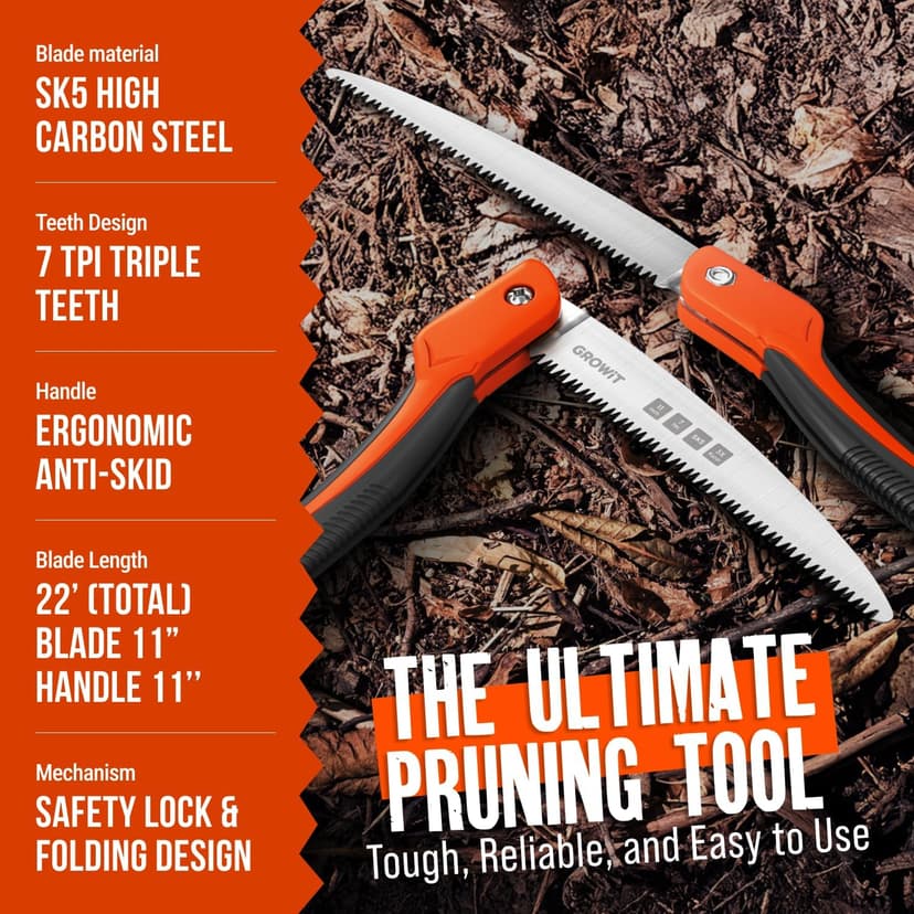 GROWIT Folding saw 11 Inch - Heavy Duty Pruning Saw with Triple-Cut SK5 Blade, 7 TPI Razor Teeth for Tree Trimming, Wood Cutting, Camping, Bushcraft, and Gardening