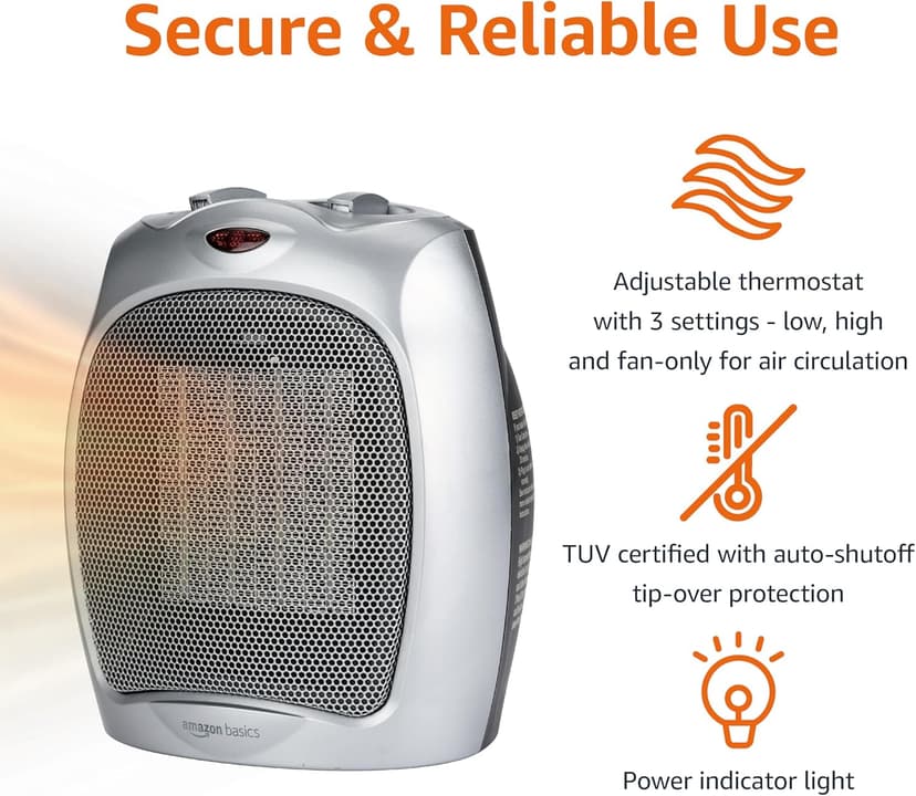 Amazon Basics Ceramic Space Heater, Portable Heater for Indoor Use, for Office and Home, With Overheat and Tip-Over Protection, Thermostat, Non-Oscillating, 1500W, Silver, 7.52"D x 6.34"W x 9.45"H