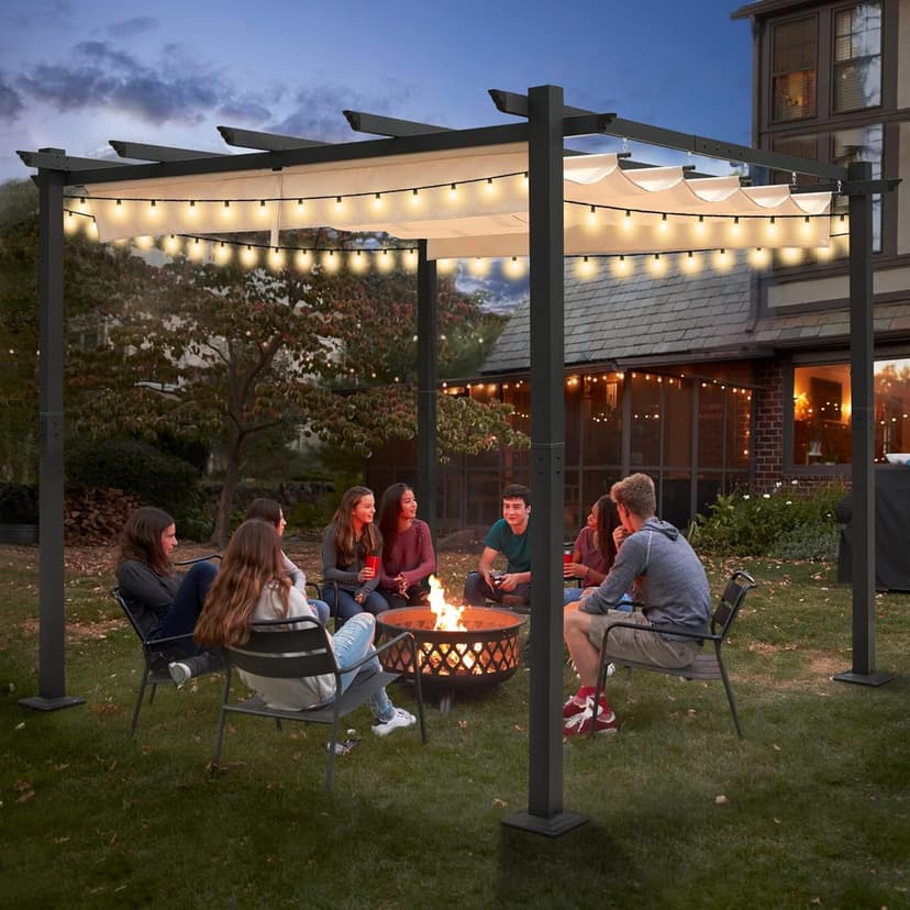 10‘x10’ Louvered Pergola, Retractable with Sun Shade Canopy Patio Pergola, Heavy Duty Aluminum Pergolas for Gardens, Pavilion Grill Gazebo, Backyards and Decks, Grape Trellis (Khaki)